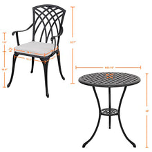 Load image into Gallery viewer, Nuu Garden 3 Piece Bistro Table Set Cast Aluminum Outdoor Patio Furniture with Umbrella Hole and Grey Cushions for Patio Balcony, Black with Golden Powder
