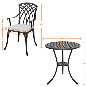 Nuu Garden 3 Piece Bistro Table Set Cast Aluminum Outdoor Patio Furniture with Umbrella Hole and Grey Cushions for Patio Balcony, Black with Golden Powder