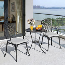 Load image into Gallery viewer, Nuu Garden 3 Piece Bistro Table Set Cast Aluminum Outdoor Patio Furniture with Umbrella Hole and Grey Cushions for Patio Balcony, Black with Golden Powder
