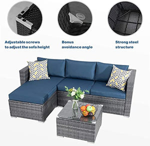 JAMFLY Outdoor Patio Furniture Sets, All-Weather Rattan Outdoor Sectional Sofa with Tea Table and Cushions Upgrade Wicker Patio sectional Sets 3-Piece (Aegean Blue)